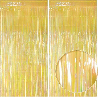 2 Pack Yellow Iridescent Streamers Backdrop, 3.3x6.6ft Foil Fringe Curtains Gold Holographic Door Tinsel Streamers for Birthday, Wedding, Holiday, Bachelorette, Theme Party Decorations