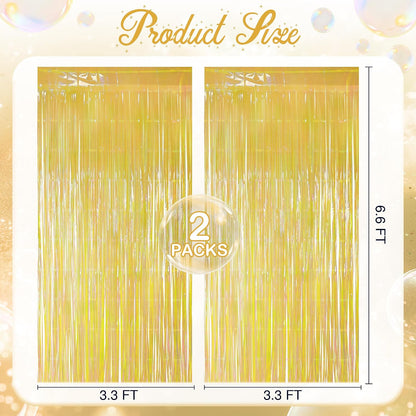 2 Pack Yellow Iridescent Streamers Backdrop, 3.3x6.6ft Foil Fringe Curtains Gold Holographic Door Tinsel Streamers for Birthday, Wedding, Holiday, Bachelorette, Theme Party Decorations