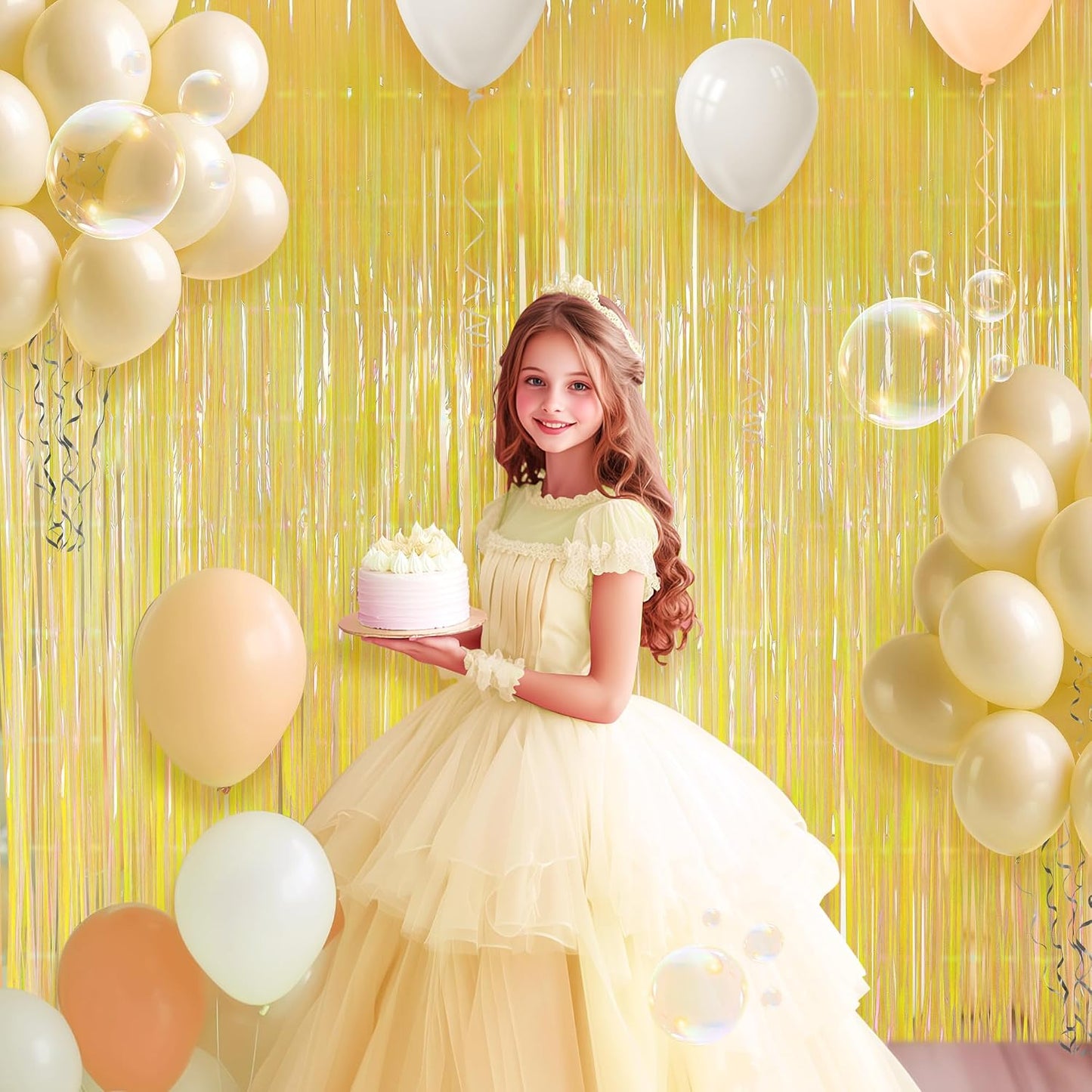 2 Pack Yellow Iridescent Streamers Backdrop, 3.3x6.6ft Foil Fringe Curtains Gold Holographic Door Tinsel Streamers for Birthday, Wedding, Holiday, Bachelorette, Theme Party Decorations