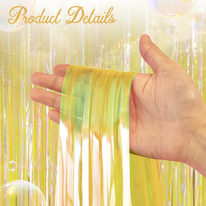 2 Pack Yellow Iridescent Streamers Backdrop, 3.3x6.6ft Foil Fringe Curtains Gold Holographic Door Tinsel Streamers for Birthday, Wedding, Holiday, Bachelorette, Theme Party Decorations