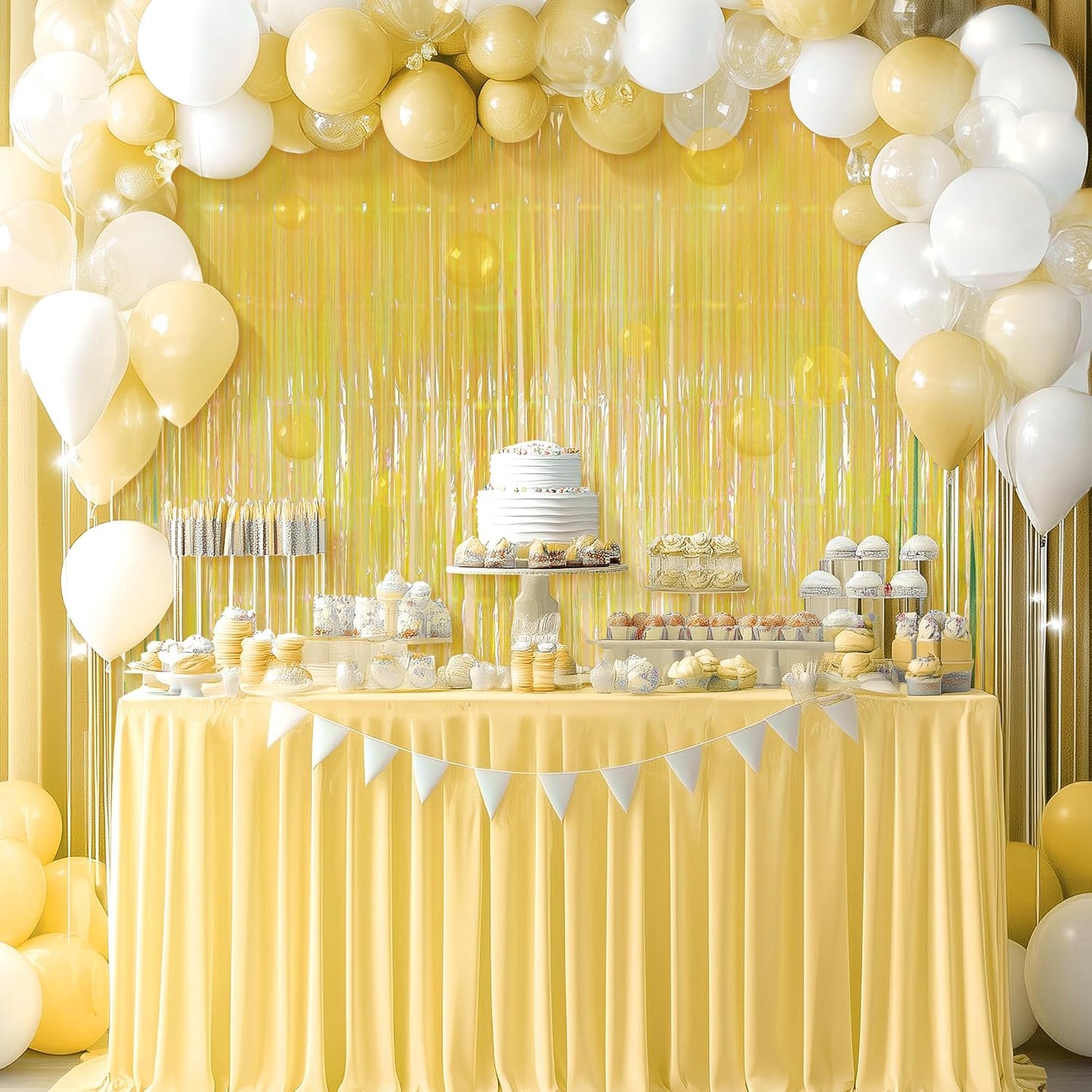 2 Pack Yellow Iridescent Streamers Backdrop, 3.3x6.6ft Foil Fringe Curtains Gold Holographic Door Tinsel Streamers for Birthday, Wedding, Holiday, Bachelorette, Theme Party Decorations