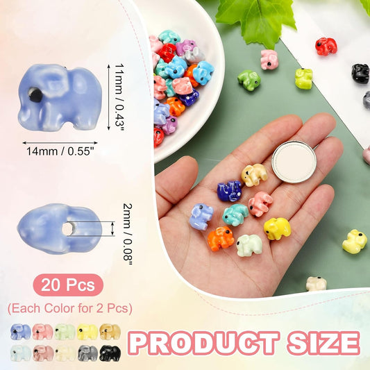 20 Pcs Elephant Porcelain Beads, Cute Handmade Animal Porcelain Ceramic Beads Colorful Loose Spacer Beading 2mm Holes for DIY Crafts Jewelry Making Bracelets, 10 Colors