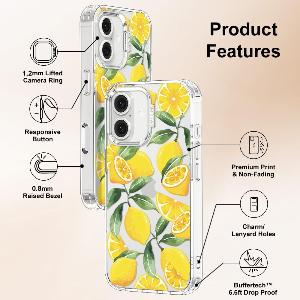 Case for iPhone 16, [Buffertech 6.6ft Military-Grade Drop Protection] [Anti Peel Off Tech] Clear TPU Bumper Phone Case Cover Design - Lemon