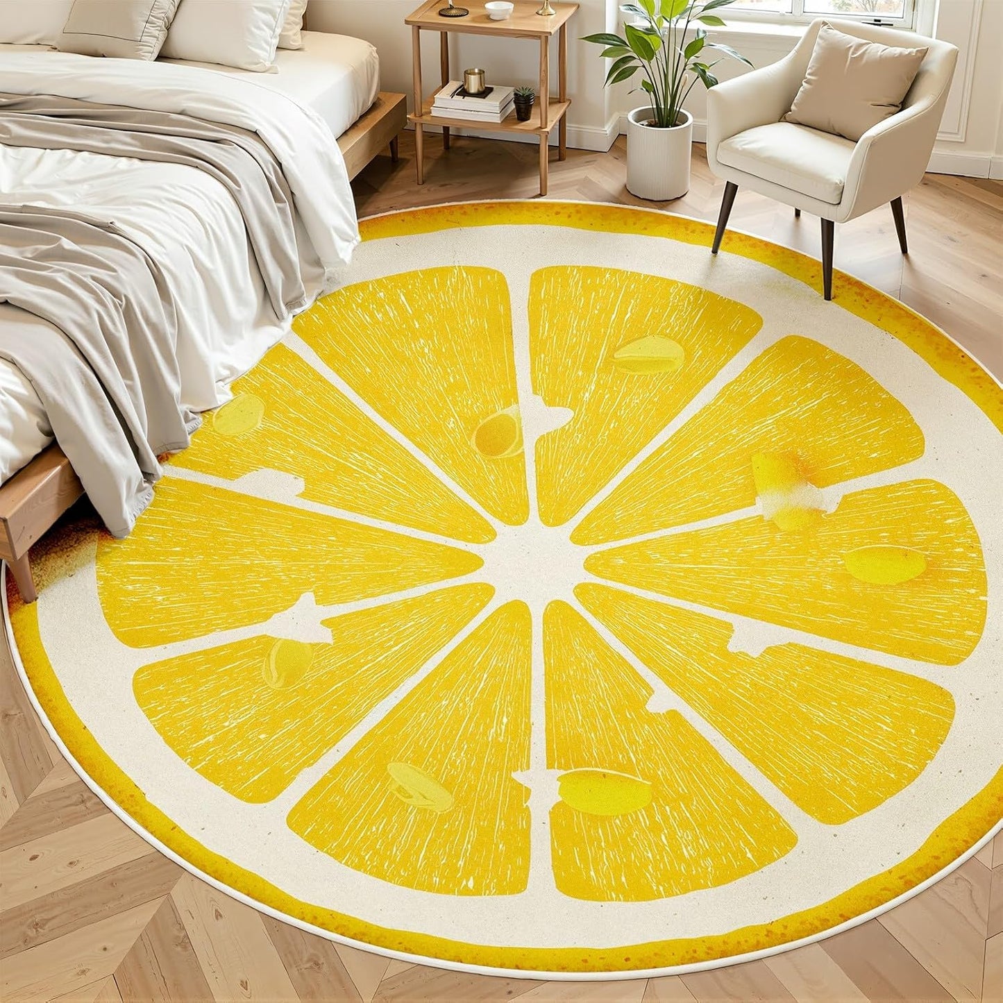 Lemon Round Rug 4ft, Yellow Fruit Circle Area Rug, Washable Non Slip Low Pile Carpet for Boys Girls Bedroom, Playroom, Nursery, Living Room, Cute Lemon Slice Floor Mat Soft Indoor Home Decor