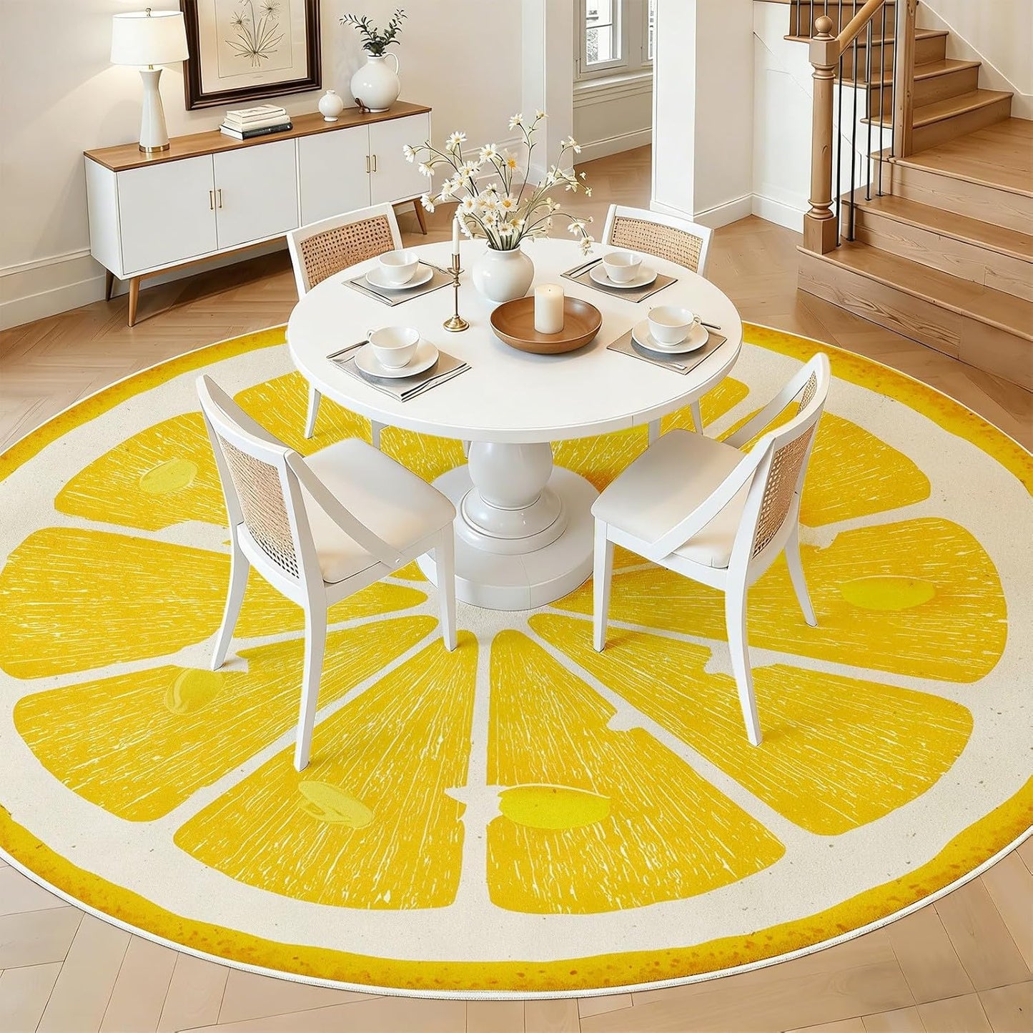 Lemon Round Rug 4ft, Yellow Fruit Circle Area Rug, Washable Non Slip Low Pile Carpet for Boys Girls Bedroom, Playroom, Nursery, Living Room, Cute Lemon Slice Floor Mat Soft Indoor Home Decor