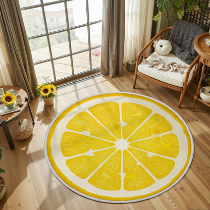 Lemon Round Rug 4ft, Yellow Fruit Circle Area Rug, Washable Non Slip Low Pile Carpet for Boys Girls Bedroom, Playroom, Nursery, Living Room, Cute Lemon Slice Floor Mat Soft Indoor Home Decor