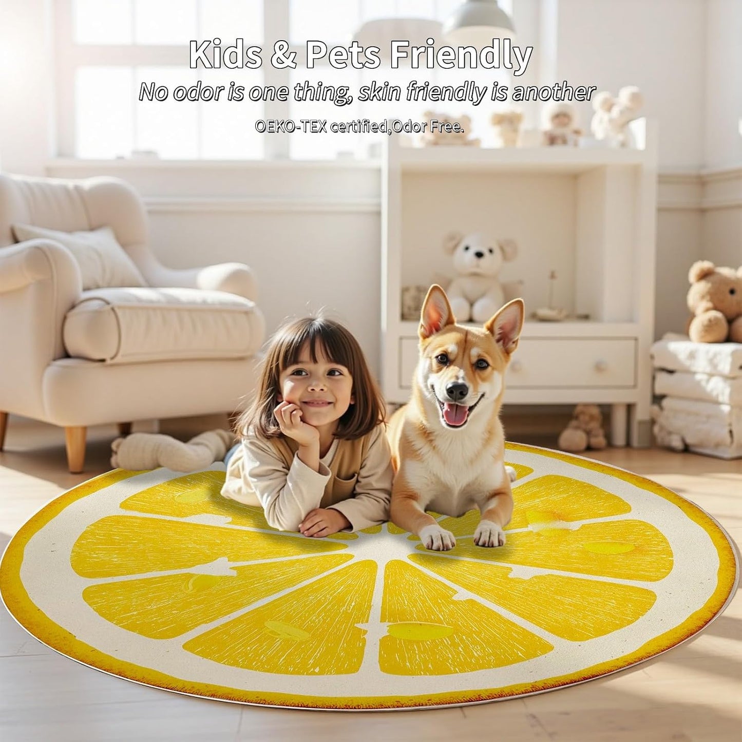 Lemon Round Rug 4ft, Yellow Fruit Circle Area Rug, Washable Non Slip Low Pile Carpet for Boys Girls Bedroom, Playroom, Nursery, Living Room, Cute Lemon Slice Floor Mat Soft Indoor Home Decor