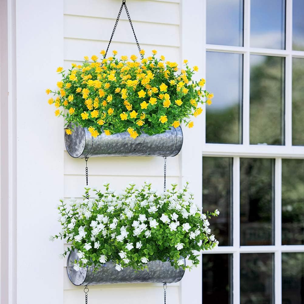 6 Bundles Outdoor Artificial Flowers UV Resistant Fake Boxwood Plants, Faux Plastic Greenery for Indoor Outside Hanging Plants Garden Porch Window Box Home Wedding Farmhouse Decor (Yellow)