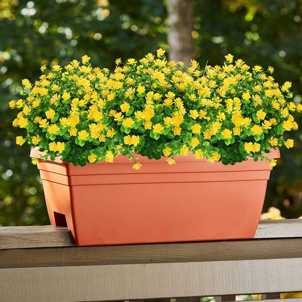 6 Bundles Outdoor Artificial Flowers UV Resistant Fake Boxwood Plants, Faux Plastic Greenery for Indoor Outside Hanging Plants Garden Porch Window Box Home Wedding Farmhouse Decor (Yellow)