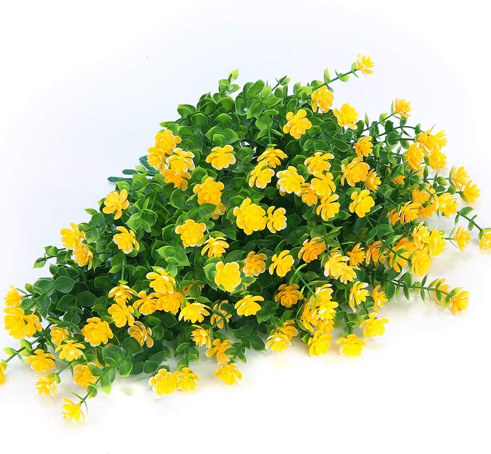 6 Bundles Outdoor Artificial Flowers UV Resistant Fake Boxwood Plants, Faux Plastic Greenery for Indoor Outside Hanging Plants Garden Porch Window Box Home Wedding Farmhouse Decor (Yellow)