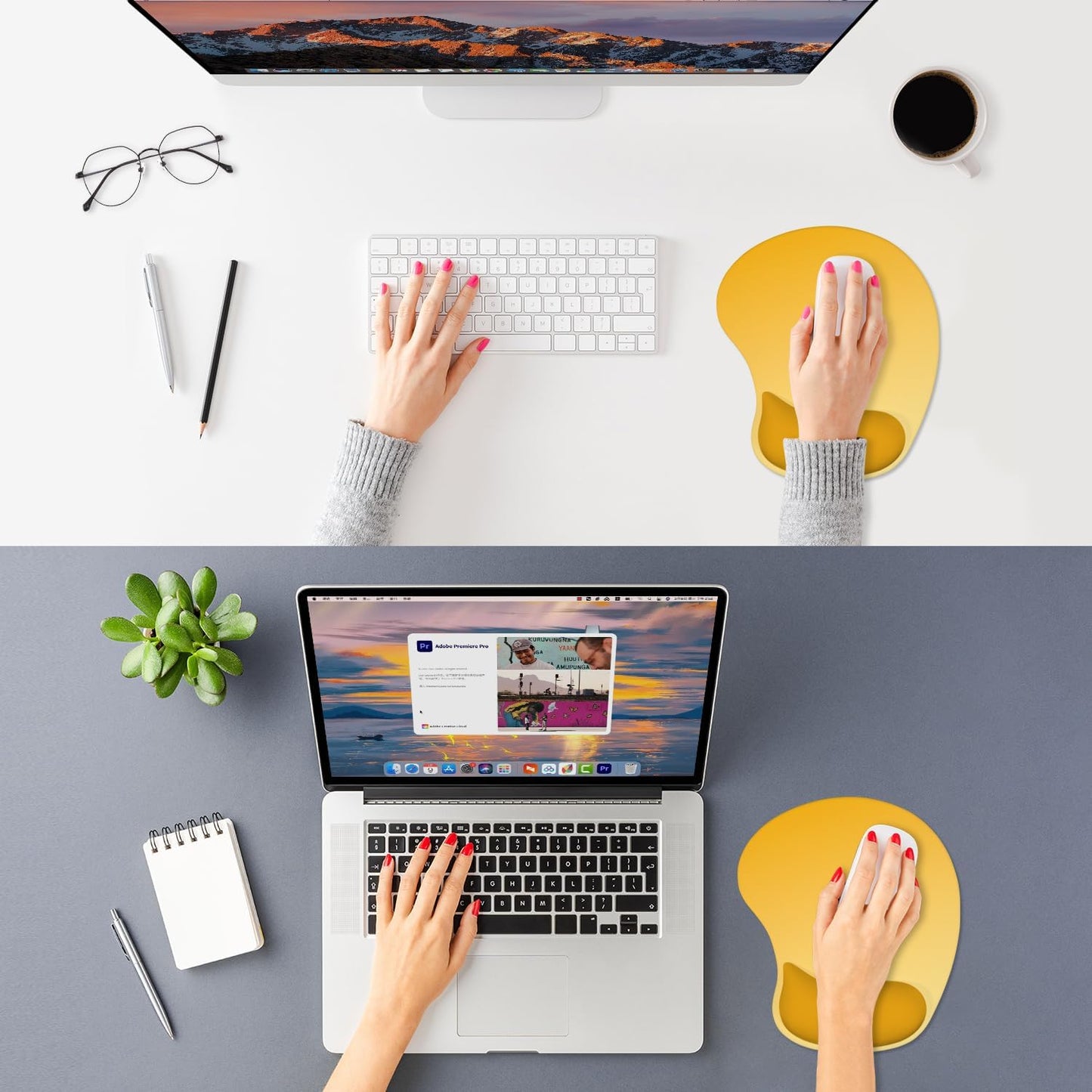 Ergonomic Mouse Pad, Cushioned Gel Wrist Rest, Non-Slip Base, Smooth Surface, Cute Multi-Color, 9.5 x 8.2 in, Yellow Gradient