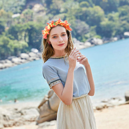 Hawaiian Leis Headband Wristbands Flower Tropical Hawaii Luau Necklace Headpiece Hair Bands Hairband Wreath Bracelets Women Cosplay Dress Up Wedding Summer Beach Birthday Party Supplies Yellow