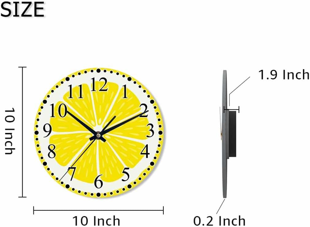 Clock Lemon Slice Style Wall Clock 10 Inch Silent Non-Ticking Clocks Battery Operated for Home Living Laundry Room Kitchen Bedroom Office