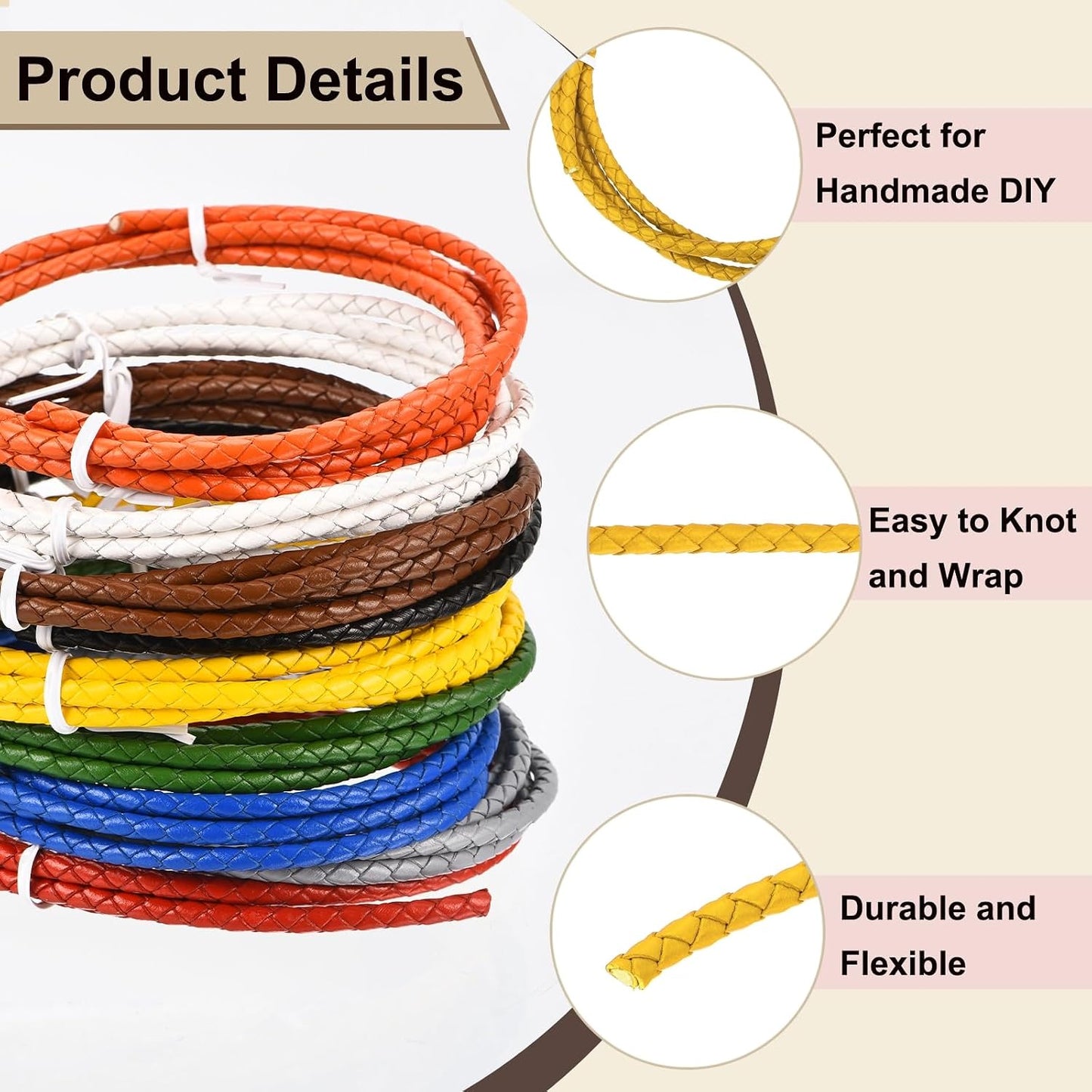 Round Braided Leather Cord 4mm Bolo Leather Cord String Rope for Jewelry Making, Necklaces, Bracelets, Wraps, Crafts, 1m/3.3ft, Yellow