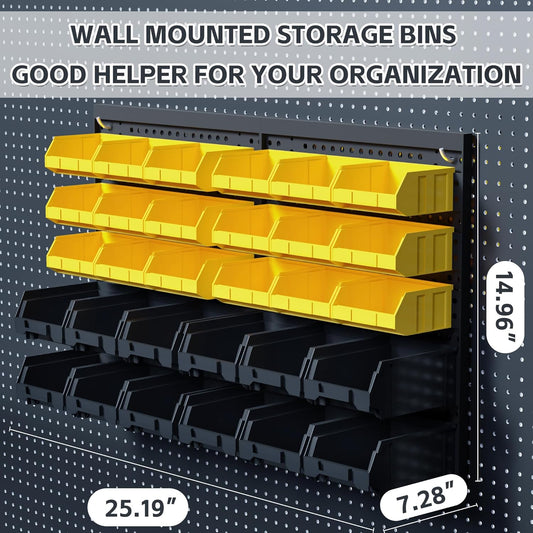 30PCS Wall Mounted Storage Bins, Plastic Tool Organizer for Garage Storage, Screws, Nuts, Bolts, Small Hardware Parts -Black, Yellow