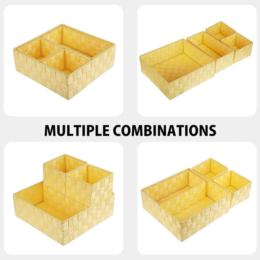 Woven Storage Baskets for Organizing, Small Black Baskets Cube Bin Container Tote Organizer Divider for Drawer, Closet, Shelf, Dresser, Set of 4(Yellow)