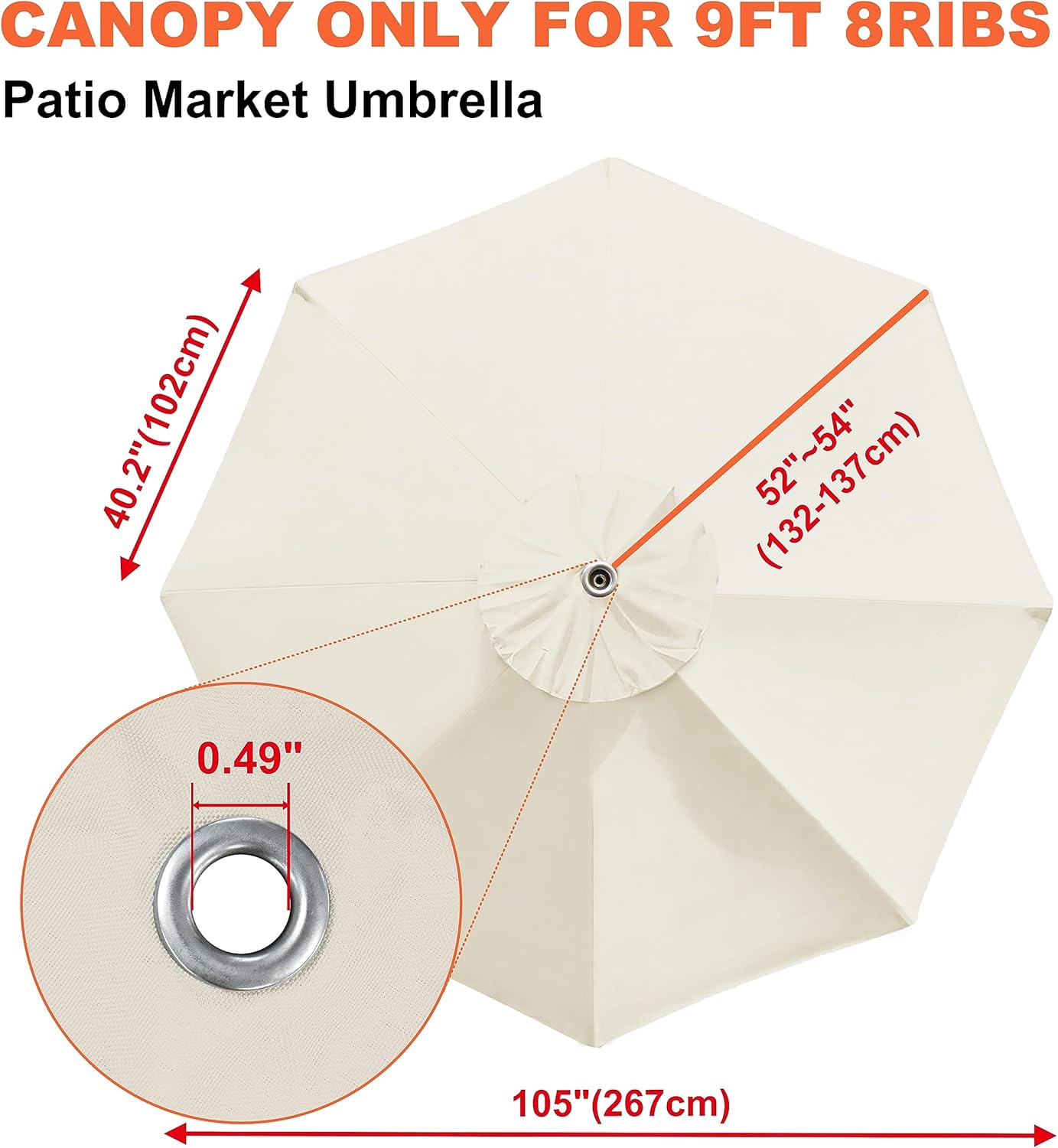 USA 9FT Patio Umbrella Replacement Covers 8 Ribs Market Umbrella Canopy Cover (CANOPY ONLY) (Natural)