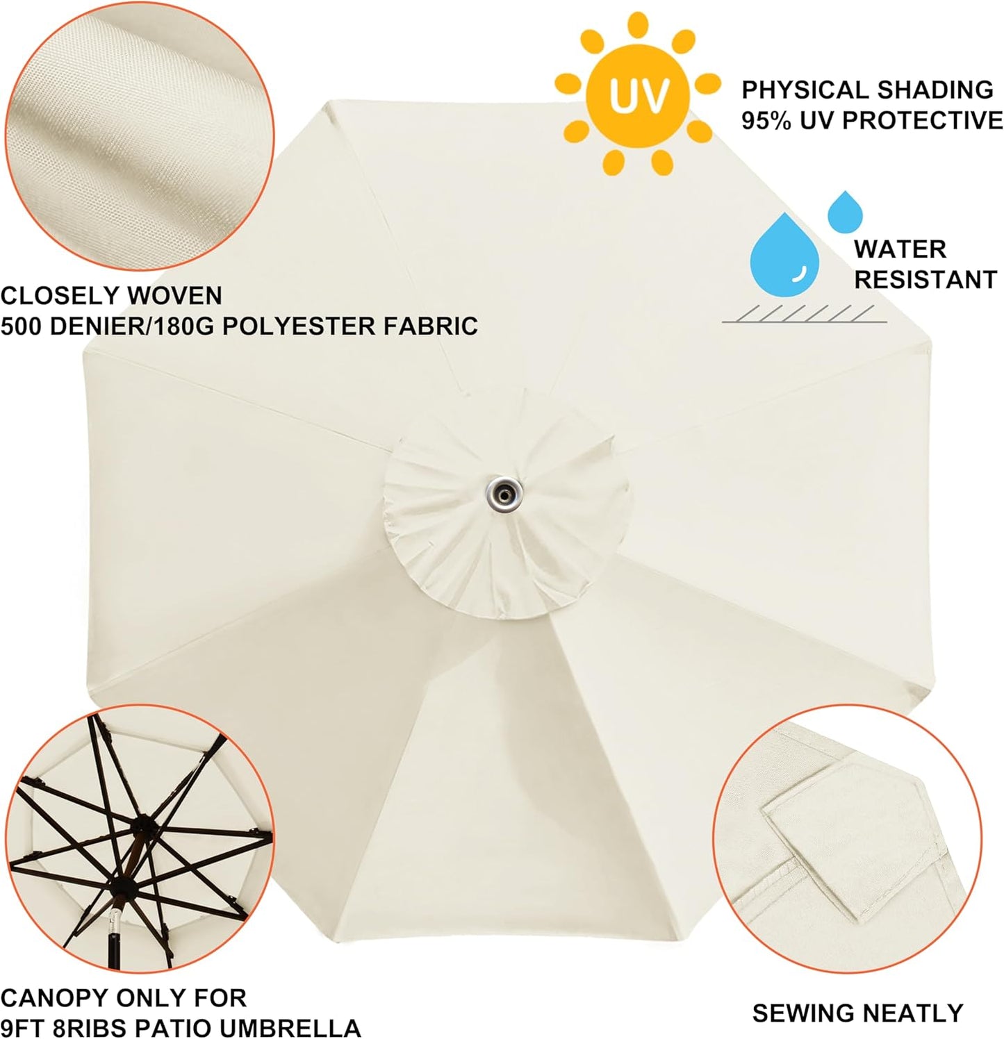 USA 9FT Patio Umbrella Replacement Covers 8 Ribs Market Umbrella Canopy Cover (CANOPY ONLY) (Natural)