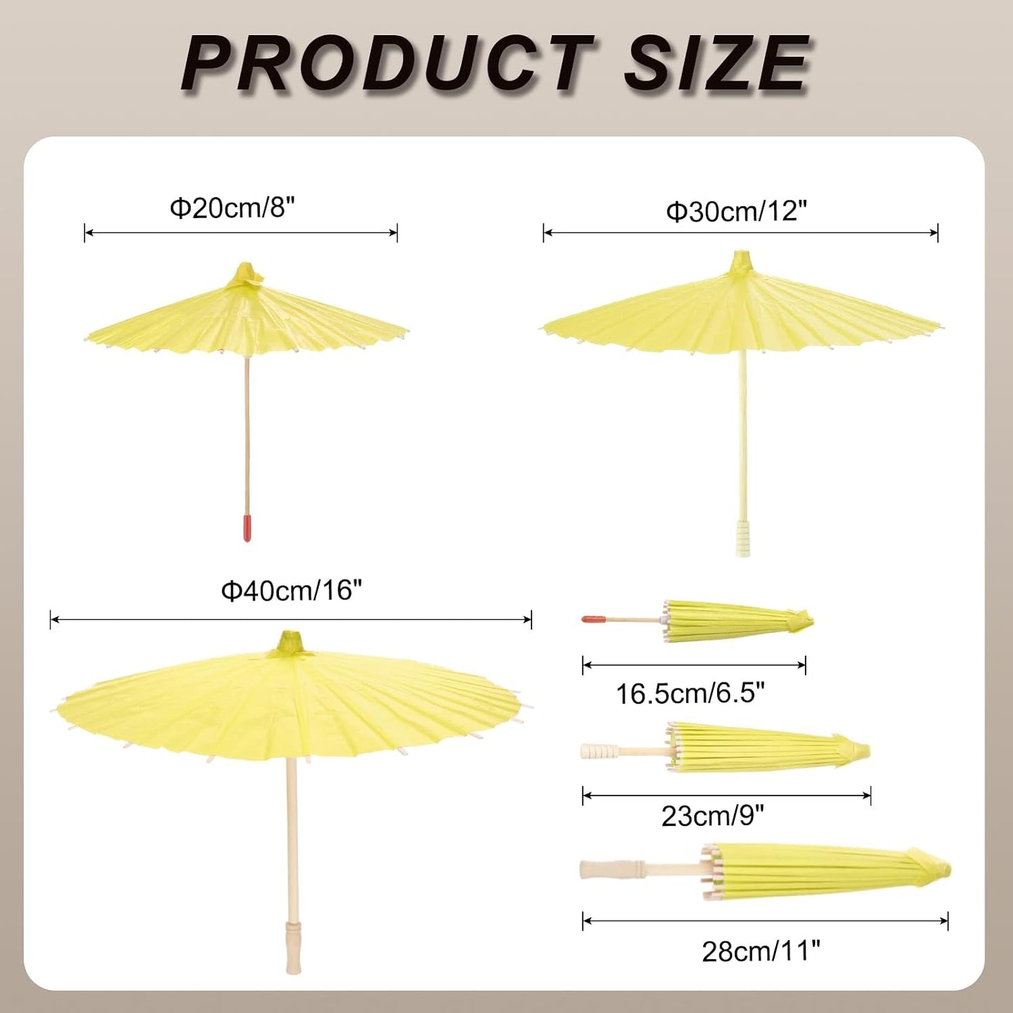 6 Pcs Paper Umbrellas, 8"/12"/16" Paper Parasol Umbrellas for Photography Props, Party Wedding Decoration, Yellow