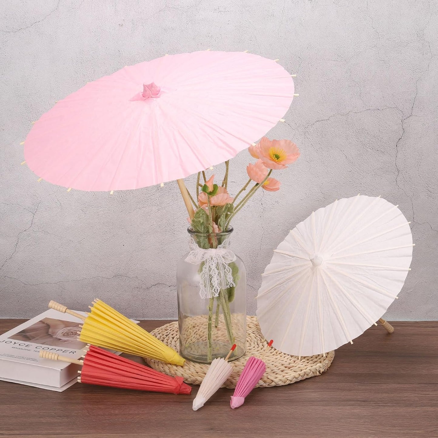6 Pcs Paper Umbrellas, 8"/12"/16" Paper Parasol Umbrellas for Photography Props, Party Wedding Decoration, Yellow