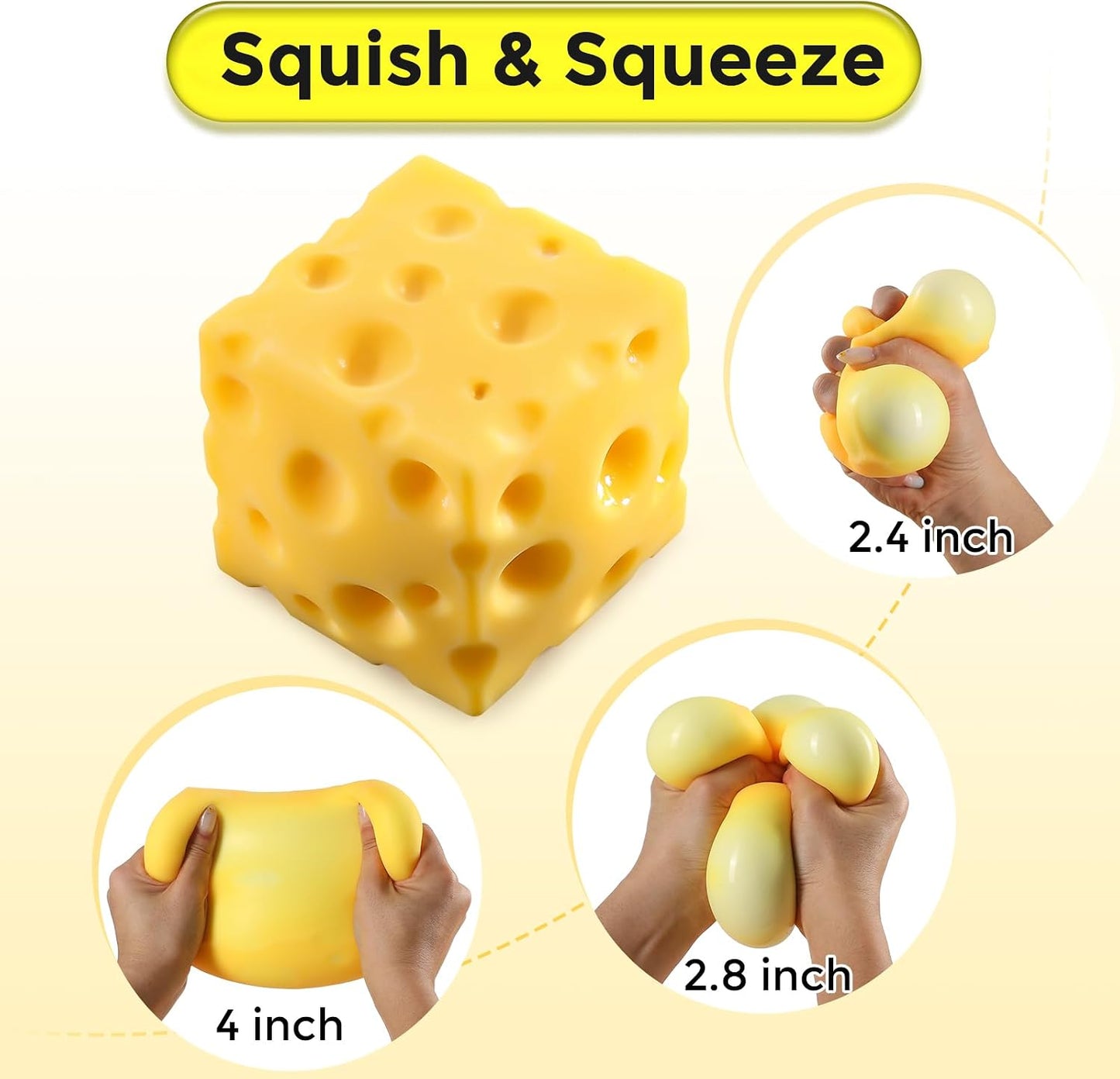 Cheese Squishy Cube Block, Squishy Fidget Toys for Adults, Easter Basket Stocking Stuffers, Sensory Stress Ball Squeeze Toys for Stress Relief (Yellow 2.4 in)