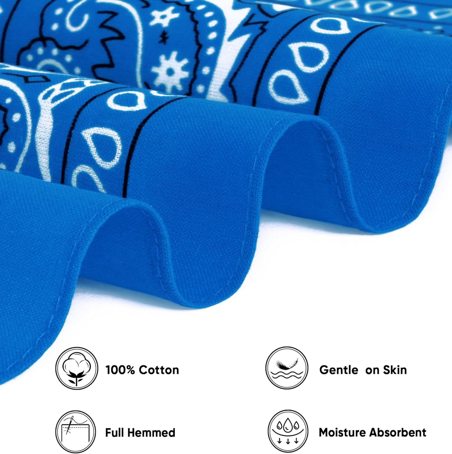 Large Soft Cotton Bandanas Pack for Men & Women 22 x 22 inches | Pure cotton, soft & breathable, gentle; reactive-dyed both sides, vivid colors; versatile for head, neck, wrist, bag.