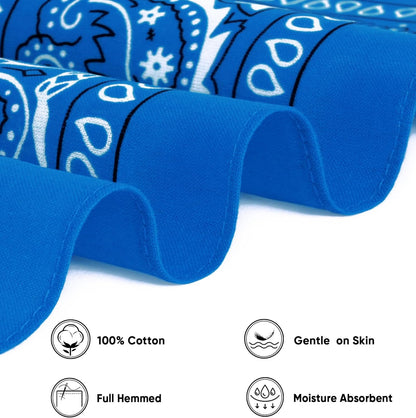 Large Soft Cotton Bandanas Pack for Men & Women 22 x 22 inches | Pure cotton, soft & breathable, gentle; reactive-dyed both sides, vivid colors; versatile for head, neck, wrist, bag.
