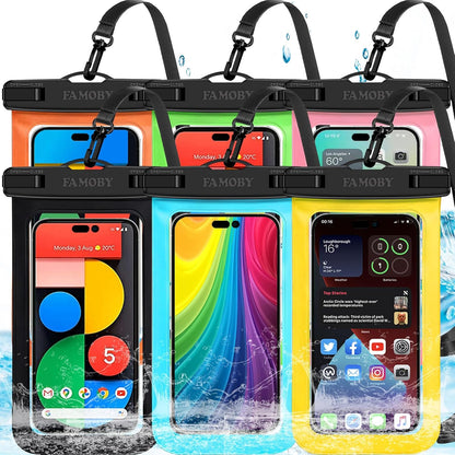6 Pack Multicolor Waterproof Phone Pouch,Phone Case Dry Bag,Protection Level: IP68,Beach Cruise for iPhone,Samsung,and More,Lanyard Included,(Up to 8.3”),Black,Blue,Pink,Orange,Yellow,Green