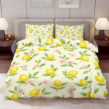 Comforter Cover Set Twin Size, Lemons with Pink Flowers 3-Piece Bedding Set for Boys Girls Teens Modern Soft Microfiber Bedroom Set Room Decor, 1 Duvet Cover + 2 Pillowcases