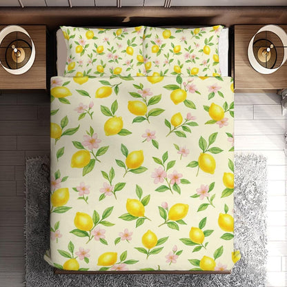 Comforter Cover Set Twin Size, Lemons with Pink Flowers 3-Piece Bedding Set for Boys Girls Teens Modern Soft Microfiber Bedroom Set Room Decor, 1 Duvet Cover + 2 Pillowcases
