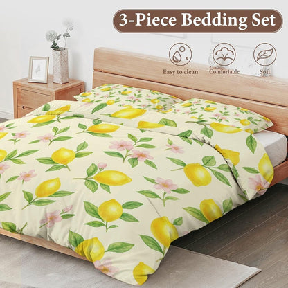 Comforter Cover Set Twin Size, Lemons with Pink Flowers 3-Piece Bedding Set for Boys Girls Teens Modern Soft Microfiber Bedroom Set Room Decor, 1 Duvet Cover + 2 Pillowcases