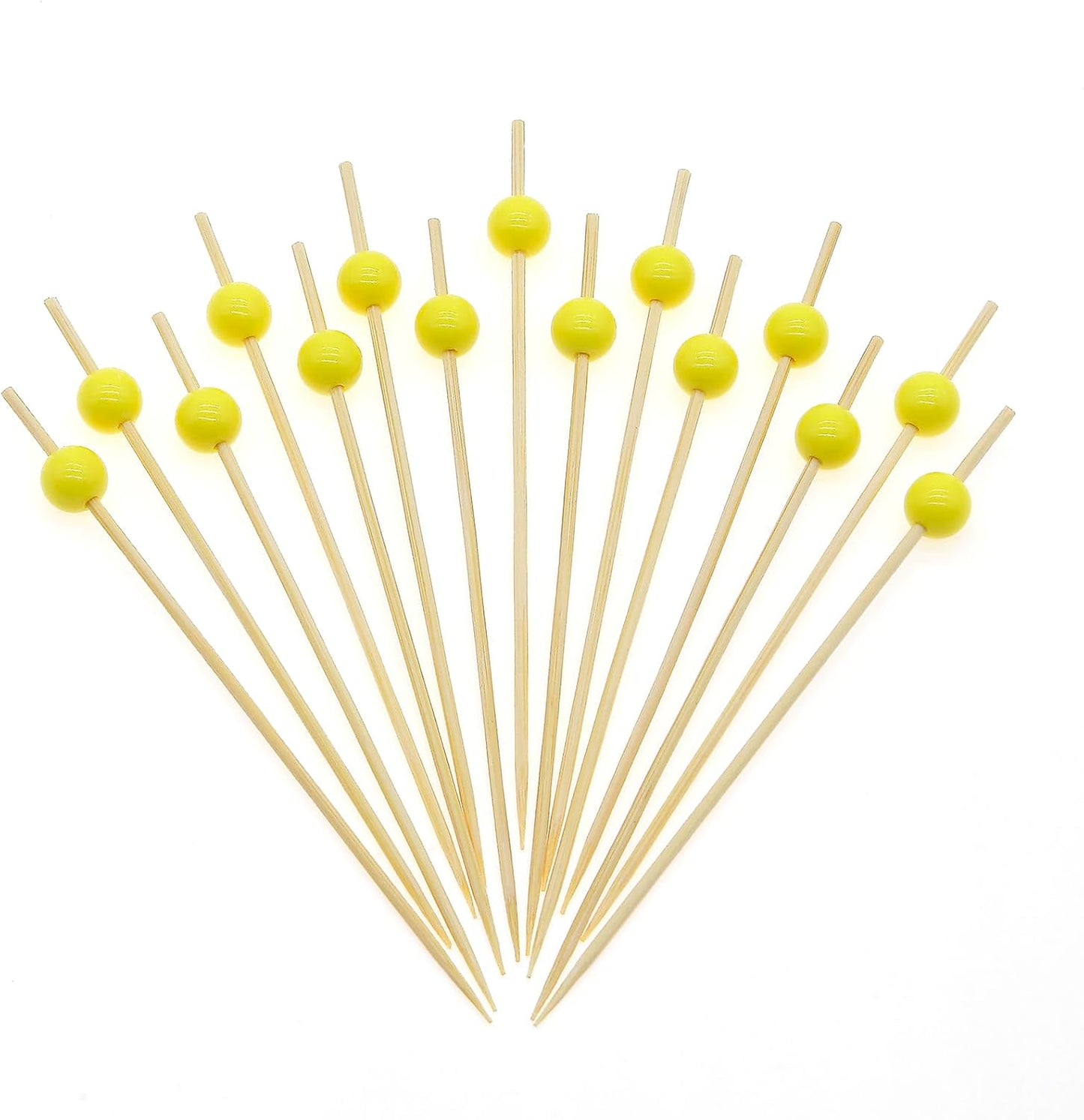 Yellow Pearl Cocktail Picks, 4.7 Inch Long Bamboo Fancy Toothpicks for Appetizers, Decorative Mardi Gras Carnival Party Food Drink Garnish Fruit Kabob Skewer Sticks 100 Counts - MSL451