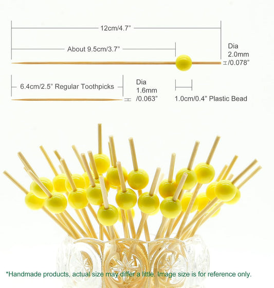 Yellow Pearl Cocktail Picks, 4.7 Inch Long Bamboo Fancy Toothpicks for Appetizers, Decorative Mardi Gras Carnival Party Food Drink Garnish Fruit Kabob Skewer Sticks 100 Counts - MSL451