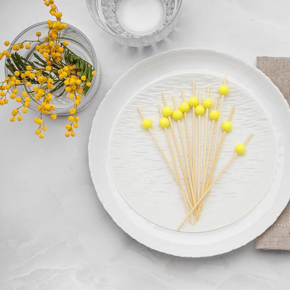Yellow Pearl Cocktail Picks, 4.7 Inch Long Bamboo Fancy Toothpicks for Appetizers, Decorative Mardi Gras Carnival Party Food Drink Garnish Fruit Kabob Skewer Sticks 100 Counts - MSL451