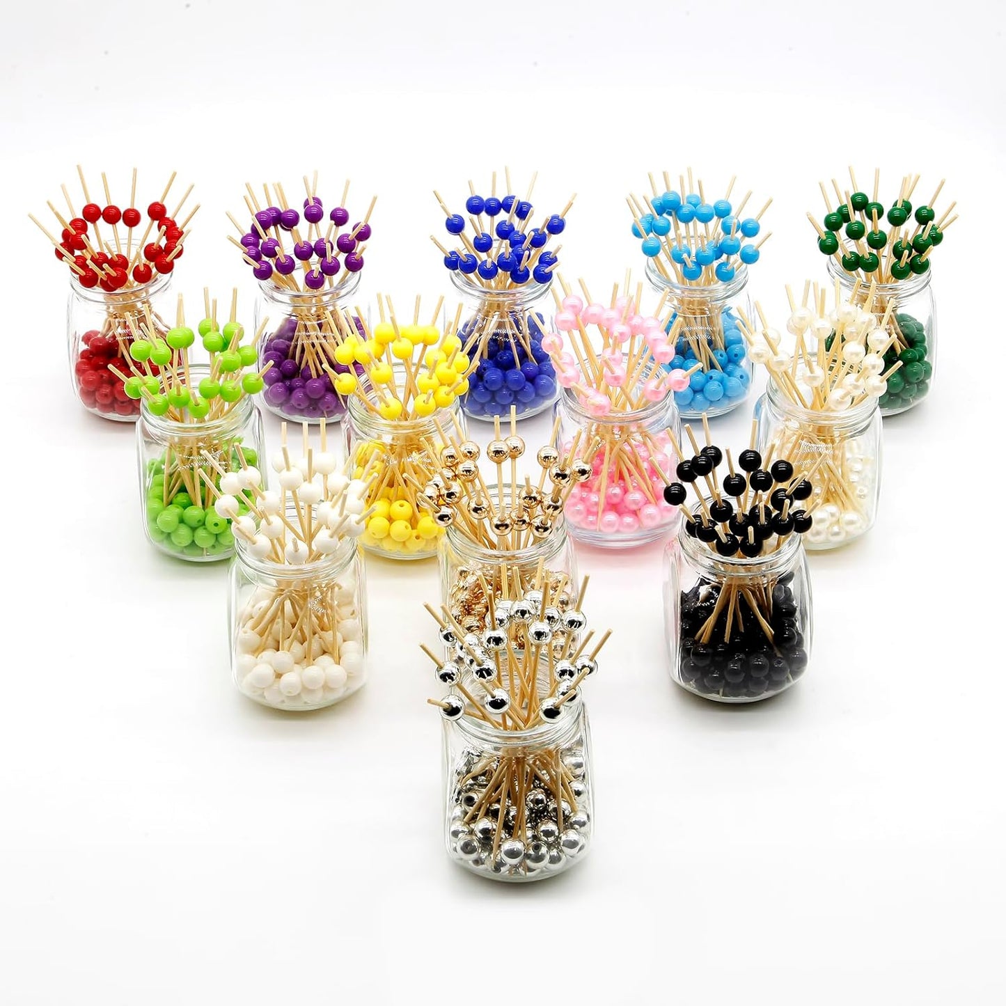 Yellow Pearl Cocktail Picks, 4.7 Inch Long Bamboo Fancy Toothpicks for Appetizers, Decorative Mardi Gras Carnival Party Food Drink Garnish Fruit Kabob Skewer Sticks 100 Counts - MSL451