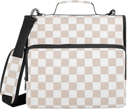 Light Yellow Checkered 3 D-Ring 2 inch Zipper Binder Bag with Shoulder Strap, Multi-Pocket Portfolio Organizer Case for 13 Inch Laptop Middle School