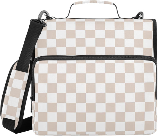 Light Yellow Checkered 3 D-Ring 2 inch Zipper Binder Bag with Shoulder Strap, Multi-Pocket Portfolio Organizer Case for 13 Inch Laptop Middle School