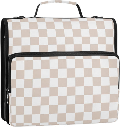 Light Yellow Checkered 3 D-Ring 2 inch Zipper Binder Bag with Shoulder Strap, Multi-Pocket Portfolio Organizer Case for 13 Inch Laptop Middle School