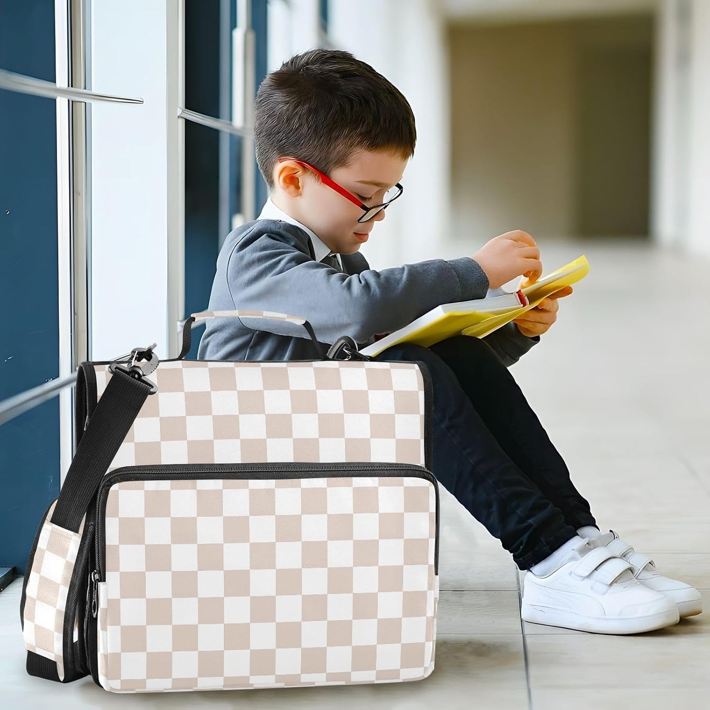 Light Yellow Checkered 3 D-Ring 2 inch Zipper Binder Bag with Shoulder Strap, Multi-Pocket Portfolio Organizer Case for 13 Inch Laptop Middle School