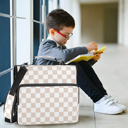 Light Yellow Checkered 3 D-Ring 2 inch Zipper Binder Bag with Shoulder Strap, Multi-Pocket Portfolio Organizer Case for 13 Inch Laptop Middle School