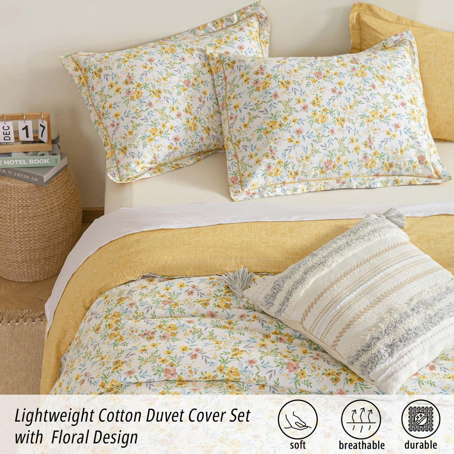 ALEISSEL 100% Natural Cotton Duvet Cover Full Size 3Pcs - Yellow Duvet Cover with Pink & Green Flowers and Leaves on White,Reversible Floral Comforter Cover Sets with Button Closure(80"×90",Floral)