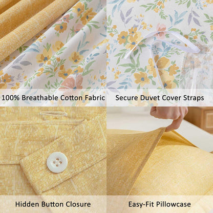 ALEISSEL 100% Natural Cotton Duvet Cover Full Size 3Pcs - Yellow Duvet Cover with Pink & Green Flowers and Leaves on White,Reversible Floral Comforter Cover Sets with Button Closure(80"×90",Floral)
