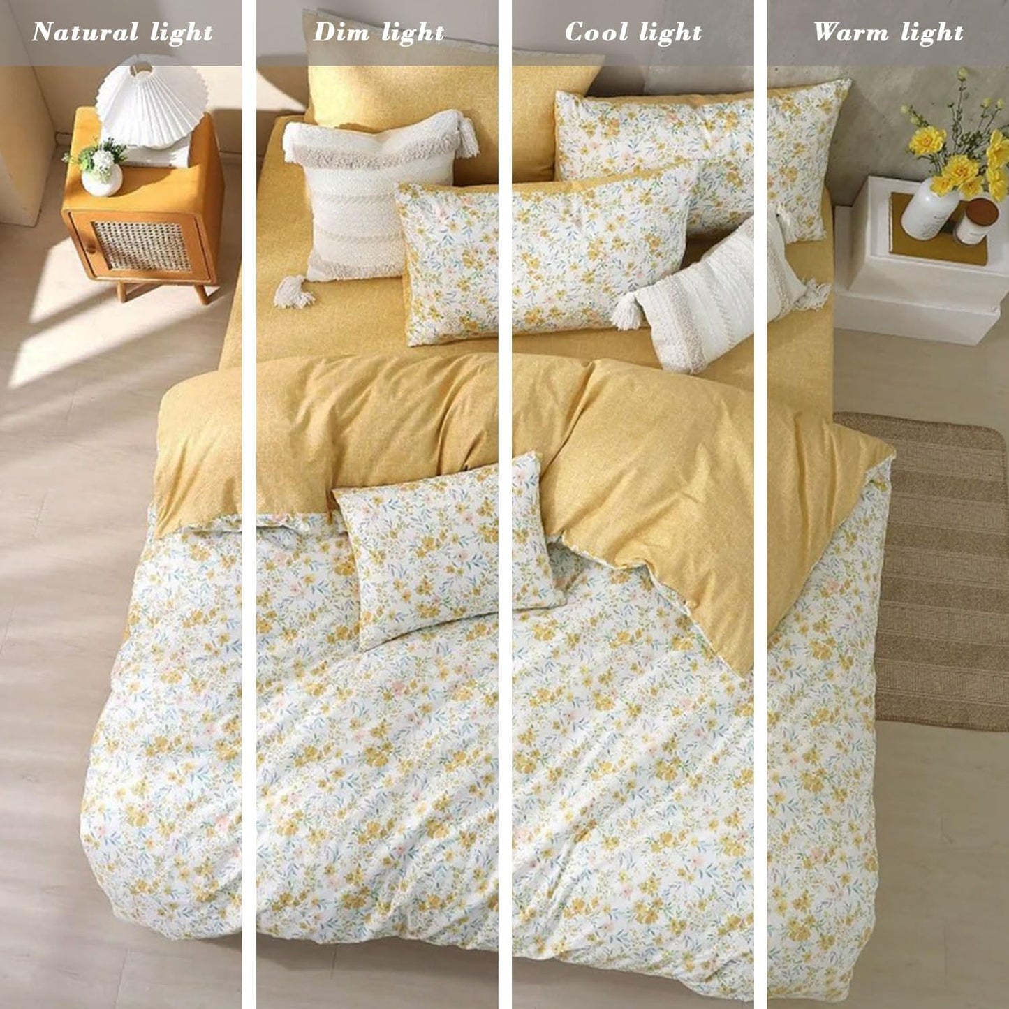 ALEISSEL 100% Natural Cotton Duvet Cover Full Size 3Pcs - Yellow Duvet Cover with Pink & Green Flowers and Leaves on White,Reversible Floral Comforter Cover Sets with Button Closure(80"×90",Floral)