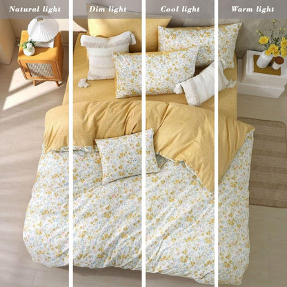 ALEISSEL 100% Natural Cotton Duvet Cover Full Size 3Pcs - Yellow Duvet Cover with Pink & Green Flowers and Leaves on White,Reversible Floral Comforter Cover Sets with Button Closure(80"×90",Floral)