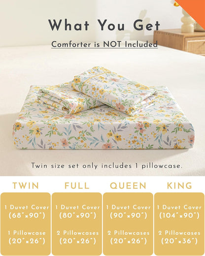 ALEISSEL 100% Natural Cotton Duvet Cover Full Size 3Pcs - Yellow Duvet Cover with Pink & Green Flowers and Leaves on White,Reversible Floral Comforter Cover Sets with Button Closure(80"×90",Floral)
