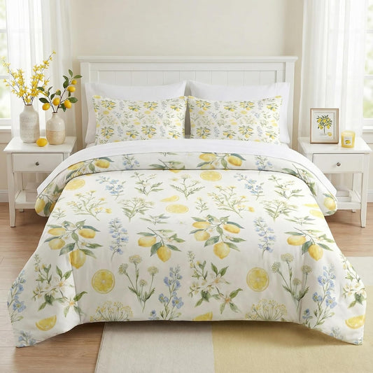 Comforter Set Full Size, Lemon Watercolor Botanical 7 Pcs Bedding for Kids and Adults, Floral Yellow Bed Sheet Sets with Fitted Sheet 2 Pillowcases & 2 Shams for Bedroom Bed Decor