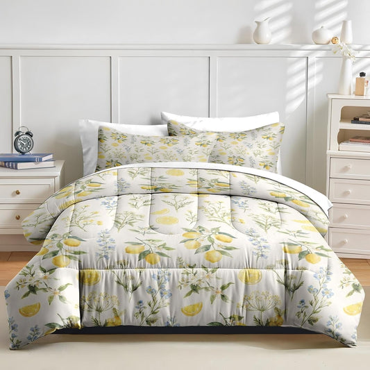 Comforter Set Full Size, Lemon Watercolor Botanical 7 Pcs Bedding for Kids and Adults, Floral Yellow Bed Sheet Sets with Fitted Sheet 2 Pillowcases & 2 Shams for Bedroom Bed Decor