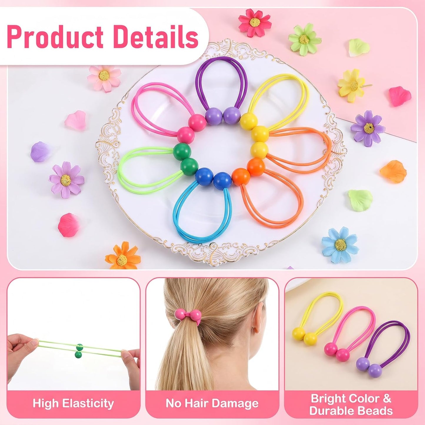 20 Pcs Twin Ball Hair Ties Charm Bubble Beads Ponytail Holders | Colorful Elastic Hair Accessories, Cute Women Ponytail Hair Ties No Damage (Red, Pink, Yellow, Orange, Blue, Purple, Green)