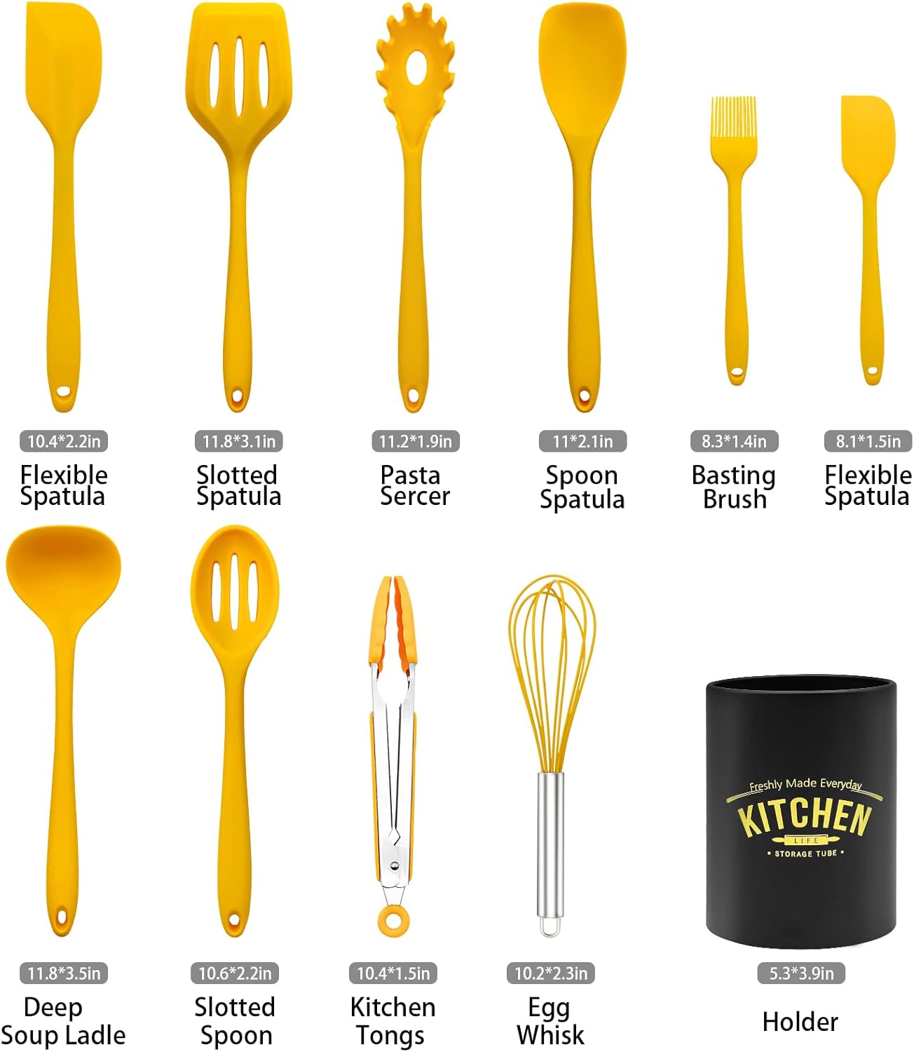 11 Piece Cooking Kitchen Utensils Set, Yellow Cooking Utensils Set, Non-Stick Silicone Spatula Set with Iron Utensils Holder, Silicone Kitchen Gadgets Utensil Set (Yellow)