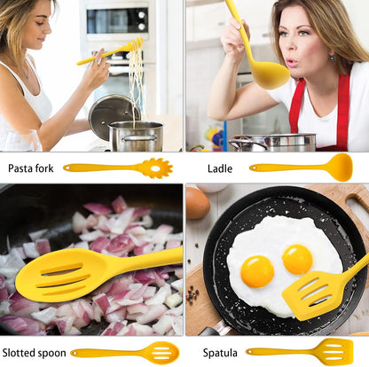 11 Piece Cooking Kitchen Utensils Set, Yellow Cooking Utensils Set, Non-Stick Silicone Spatula Set with Iron Utensils Holder, Silicone Kitchen Gadgets Utensil Set (Yellow)